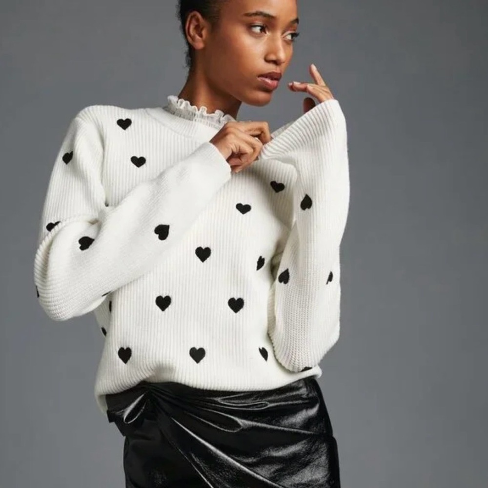 Anthropologie Valentine Ruffle Collar Heart Sweater